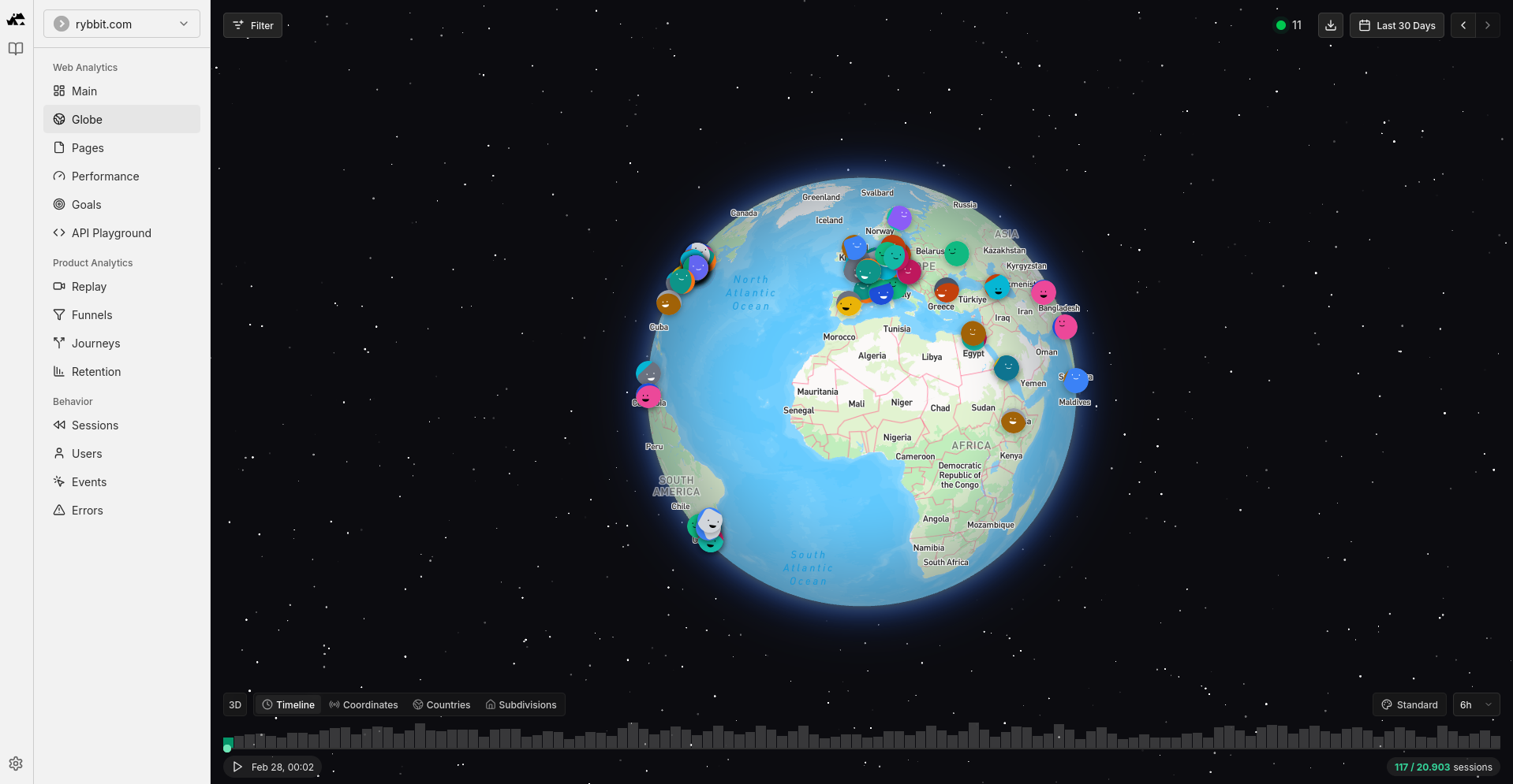 Rybbit Globe View - Realtime website traffic map with visitor locations, sessions, and pageviews overview