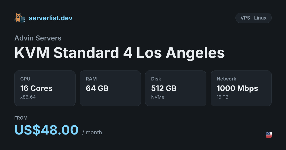 Compare Advin Servers KVM Standard 4 Los Angeles | serverlist.dev