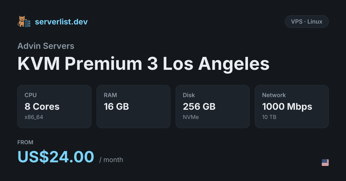 Compare Advin Servers KVM Premium 3 Los Angeles | serverlist.dev